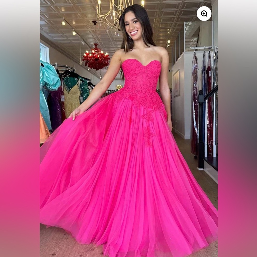 Amora |A-Line Hot Pink Tulle Lace StraplessLong Prom Dress - Picture 4 of 4